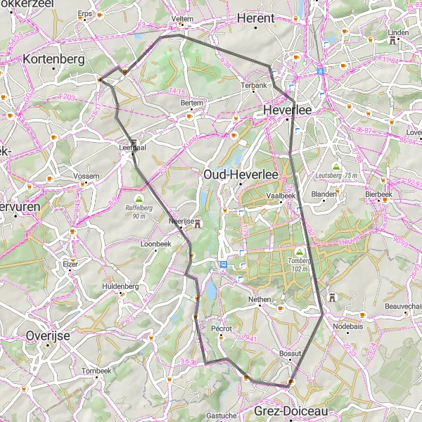 Miniature de la carte de l'inspiration cycliste "Route des Châteaux" dans la Prov. Vlaams-Brabant, Belgium. Générée par le planificateur d'itinéraire cycliste Tarmacs.app