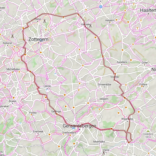 Miniature de la carte de l'inspiration cycliste "Défi Gravel à travers Bosberg et Waarbeke" dans la Prov. Vlaams-Brabant, Belgium. Générée par le planificateur d'itinéraire cycliste Tarmacs.app