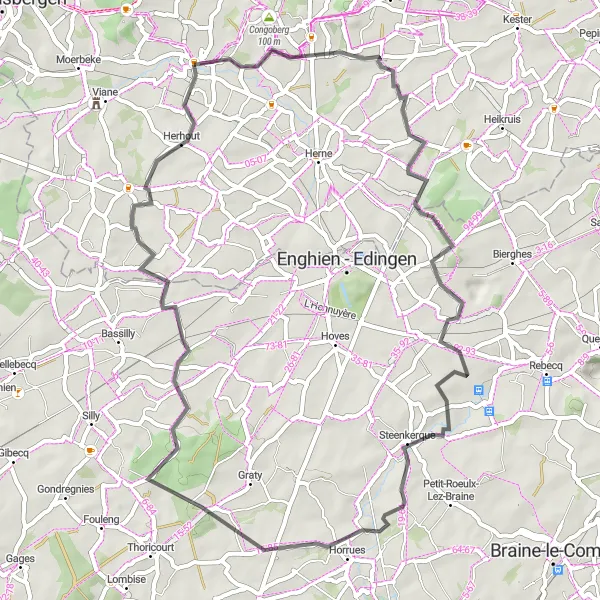 Miniature de la carte de l'inspiration cycliste "Le tour des collines flamandes" dans la Prov. Vlaams-Brabant, Belgium. Générée par le planificateur d'itinéraire cycliste Tarmacs.app