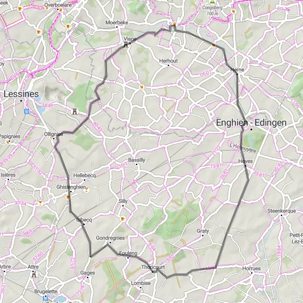 Miniature de la carte de l'inspiration cycliste "Parcours Route à travers Tollembeek et Fouleng" dans la Prov. Vlaams-Brabant, Belgium. Générée par le planificateur d'itinéraire cycliste Tarmacs.app