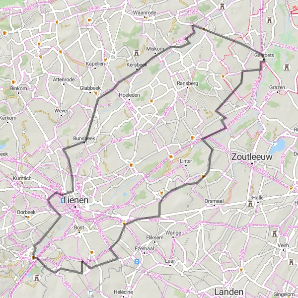 Karten-Miniaturansicht der Radinspiration "Rundfahrradroute über 57 km in der Nähe von Geetbets" in Prov. Vlaams-Brabant, Belgium. Erstellt vom Tarmacs.app-Routenplaner für Radtouren