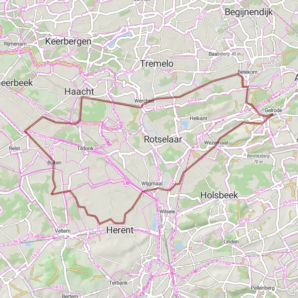 Map miniature of "The Gravel Vineyard Route" cycling inspiration in Prov. Vlaams-Brabant, Belgium. Generated by Tarmacs.app cycling route planner