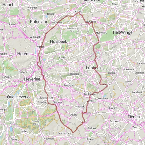 Miniatuurkaart van de fietsinspiratie "Gravelavontuur door Lubbeek en Wijngaardberg" in Prov. Vlaams-Brabant, Belgium. Gemaakt door de Tarmacs.app fietsrouteplanner