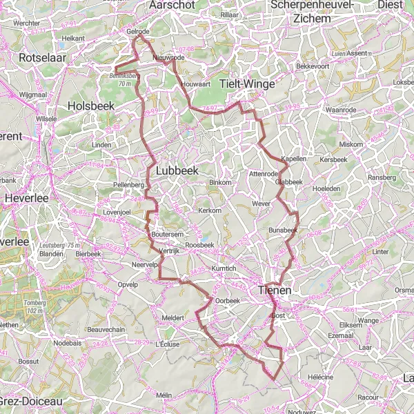 Karten-Miniaturansicht der Radinspiration "Entdecke die Schönheit von Vlaams-Brabant auf unbefestigten Wegen" in Prov. Vlaams-Brabant, Belgium. Erstellt vom Tarmacs.app-Routenplaner für Radtouren