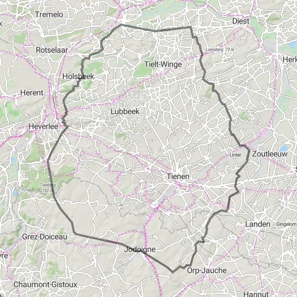 Miniatuurkaart van de fietsinspiratie "Pittoresk Landschap van Gelrode naar Jodoigne" in Prov. Vlaams-Brabant, Belgium. Gemaakt door de Tarmacs.app fietsrouteplanner