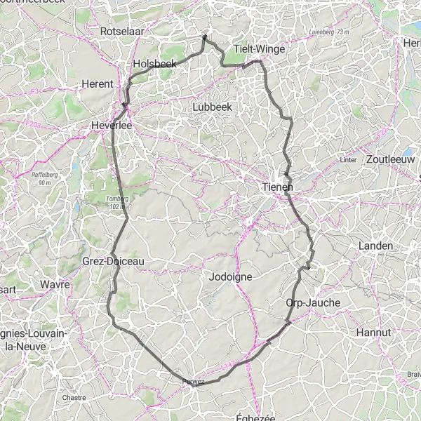 Map miniature of "Historical Loop through Flemish Brabant" cycling inspiration in Prov. Vlaams-Brabant, Belgium. Generated by Tarmacs.app cycling route planner