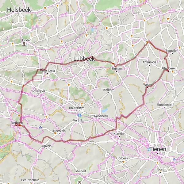 Karten-Miniaturansicht der Radinspiration "Graveltour von Glabbeek nach Meensel" in Prov. Vlaams-Brabant, Belgium. Erstellt vom Tarmacs.app-Routenplaner für Radtouren