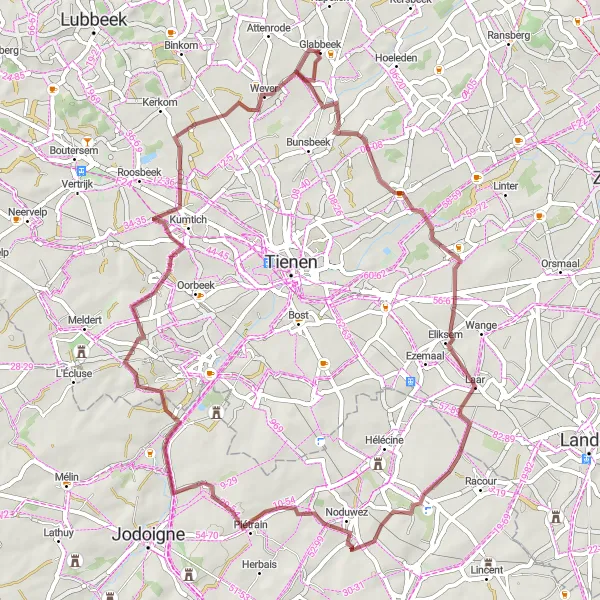 Miniatuurkaart van de fietsinspiratie "Glabbeek en Wever Gravelroute" in Prov. Vlaams-Brabant, Belgium. Gemaakt door de Tarmacs.app fietsrouteplanner