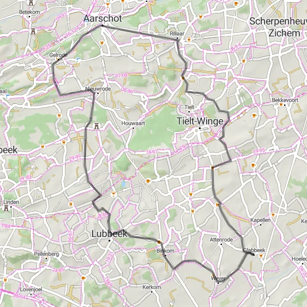 Miniature de la carte de l'inspiration cycliste "Parcours Road à travers les Collines près de Glabbeek" dans la Prov. Vlaams-Brabant, Belgium. Générée par le planificateur d'itinéraire cycliste Tarmacs.app