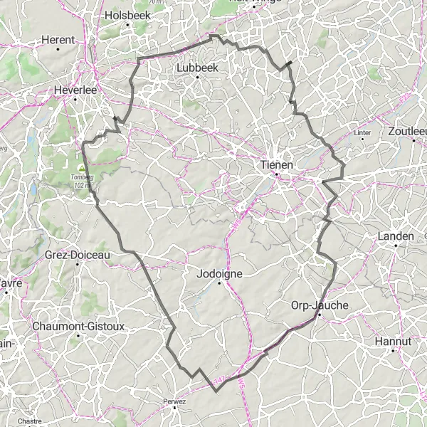 Map miniature of "Oplinter-Pellaines Trail" cycling inspiration in Prov. Vlaams-Brabant, Belgium. Generated by Tarmacs.app cycling route planner