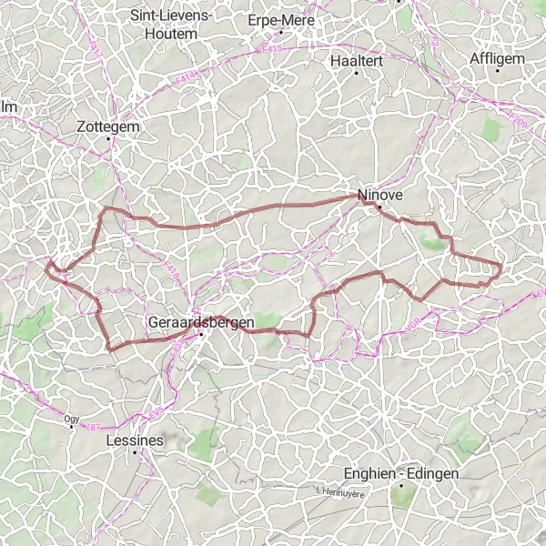 Map miniature of "Gravel Cycling from Gooik to Geraardsbergen" cycling inspiration in Prov. Vlaams-Brabant, Belgium. Generated by Tarmacs.app cycling route planner