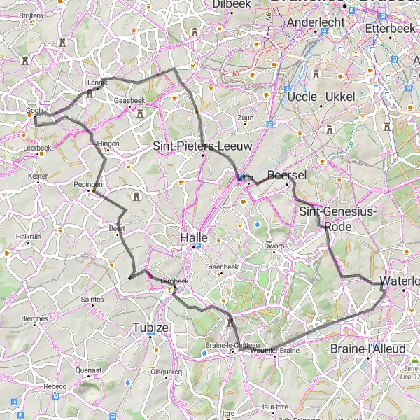 Map miniature of "Road Cycling from Gooik to Lennik and Brussels" cycling inspiration in Prov. Vlaams-Brabant, Belgium. Generated by Tarmacs.app cycling route planner