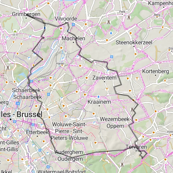 Miniatuurkaart van de fietsinspiratie "Grimbergen - Machelen - Tervuren - Auderghem - Vilvoorde - Grimbergen" in Prov. Vlaams-Brabant, Belgium. Gemaakt door de Tarmacs.app fietsrouteplanner
