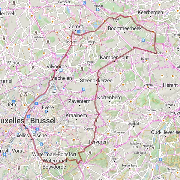 Karten-Miniaturansicht der Radinspiration "80 km Schotterradtour mit 416 m Steigung" in Prov. Vlaams-Brabant, Belgium. Erstellt vom Tarmacs.app-Routenplaner für Radtouren