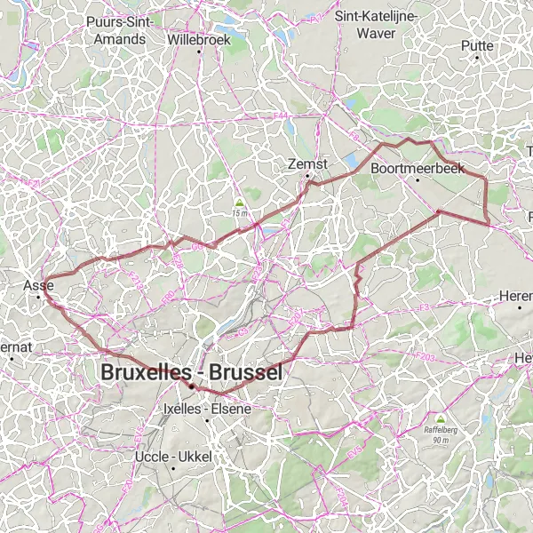 Miniatuurkaart van de fietsinspiratie "Gravelroute via La Dalle en Verbrande Brug" in Prov. Vlaams-Brabant, Belgium. Gemaakt door de Tarmacs.app fietsrouteplanner