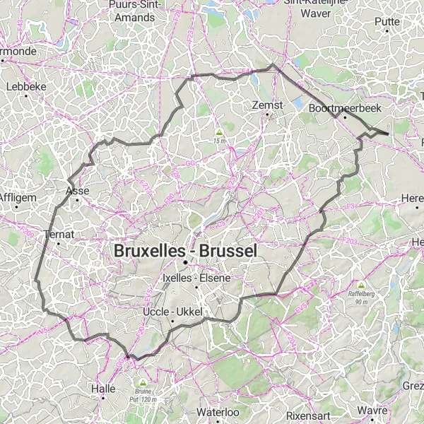 Map miniature of "Challenging Countryside Loop" cycling inspiration in Prov. Vlaams-Brabant, Belgium. Generated by Tarmacs.app cycling route planner