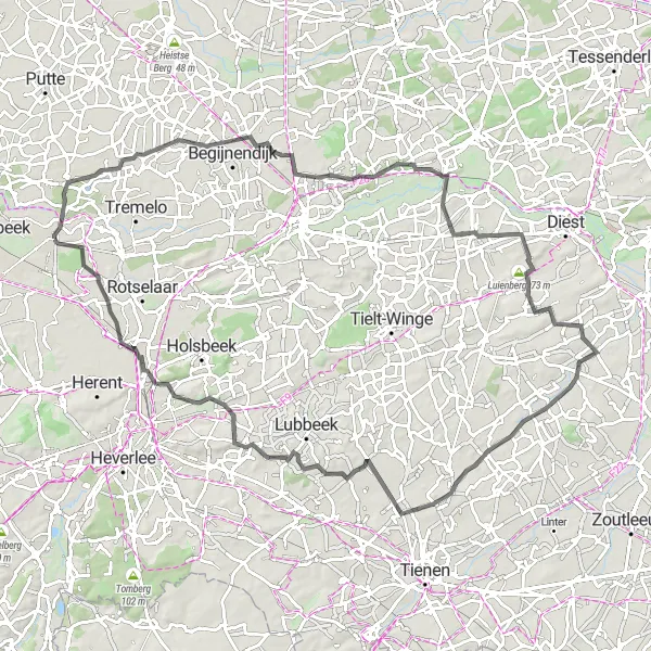 Karten-Miniaturansicht der Radinspiration "Einzigartige 94 km Straßenroute mit 337 m Steigung" in Prov. Vlaams-Brabant, Belgium. Erstellt vom Tarmacs.app-Routenplaner für Radtouren