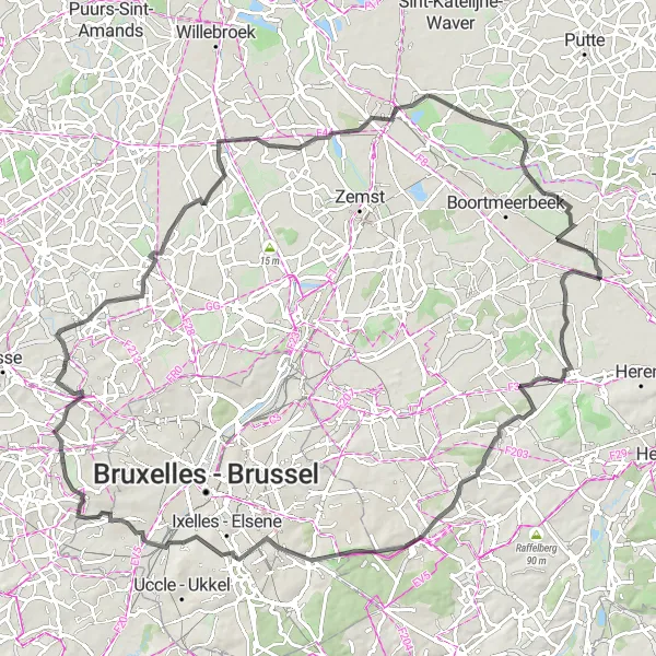 Map miniature of "Through Brussels Suburbs" cycling inspiration in Prov. Vlaams-Brabant, Belgium. Generated by Tarmacs.app cycling route planner