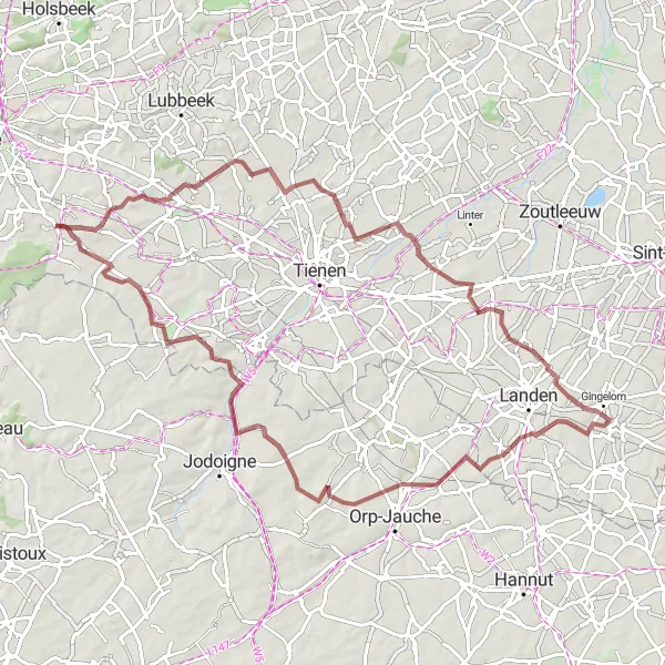 Map miniature of "Gravel Route from Haasrode to Boutersem and back" cycling inspiration in Prov. Vlaams-Brabant, Belgium. Generated by Tarmacs.app cycling route planner