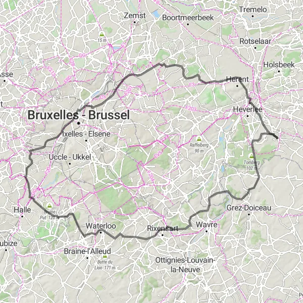 Map miniature of "The Ultimate Road Challenge" cycling inspiration in Prov. Vlaams-Brabant, Belgium. Generated by Tarmacs.app cycling route planner