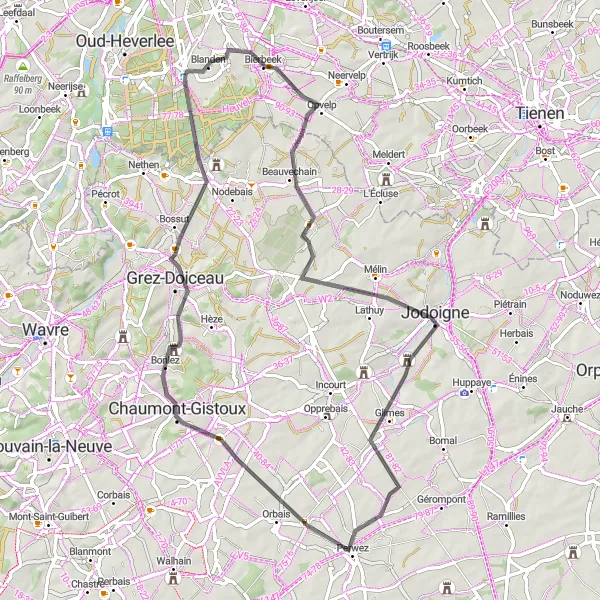 Karten-Miniaturansicht der Radinspiration "Beauvechain - Grez-Doiceau Tour" in Prov. Vlaams-Brabant, Belgium. Erstellt vom Tarmacs.app-Routenplaner für Radtouren
