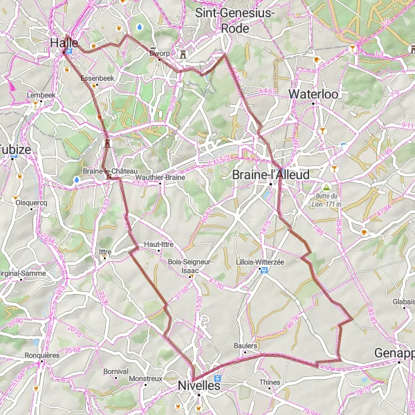 Miniature de la carte de l'inspiration cycliste "Parcours de cyclisme gravel autour de Halle" dans la Prov. Vlaams-Brabant, Belgium. Générée par le planificateur d'itinéraire cycliste Tarmacs.app