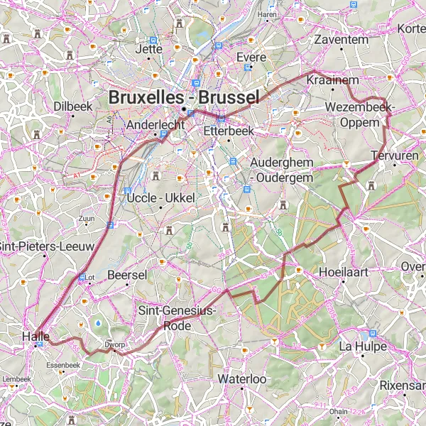 Map miniature of "Scenic Gravel Route: Halle Connection" cycling inspiration in Prov. Vlaams-Brabant, Belgium. Generated by Tarmacs.app cycling route planner