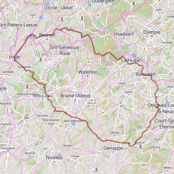 Miniatuurkaart van de fietsinspiratie "Rondje door Zuid-Brabantse Gravelwegen" in Prov. Vlaams-Brabant, Belgium. Gemaakt door de Tarmacs.app fietsrouteplanner