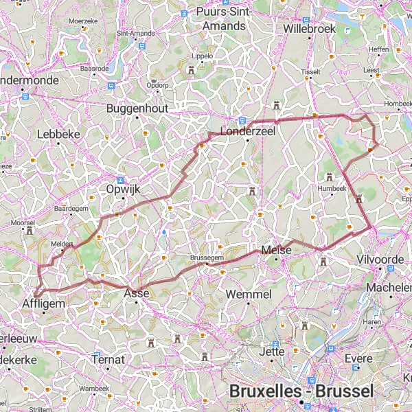 Miniatuurkaart van de fietsinspiratie "Gravelroute naar Hekelgem" in Prov. Vlaams-Brabant, Belgium. Gemaakt door de Tarmacs.app fietsrouteplanner