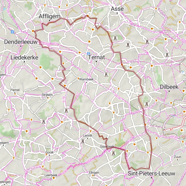 Miniatuurkaart van de fietsinspiratie "Gravelroute rond Hekelgem" in Prov. Vlaams-Brabant, Belgium. Gemaakt door de Tarmacs.app fietsrouteplanner