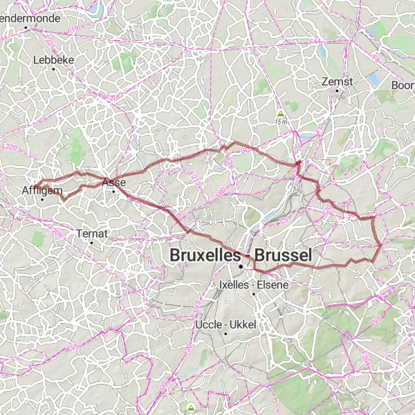 Map miniature of "Gravel Route from Hekelgem" cycling inspiration in Prov. Vlaams-Brabant, Belgium. Generated by Tarmacs.app cycling route planner