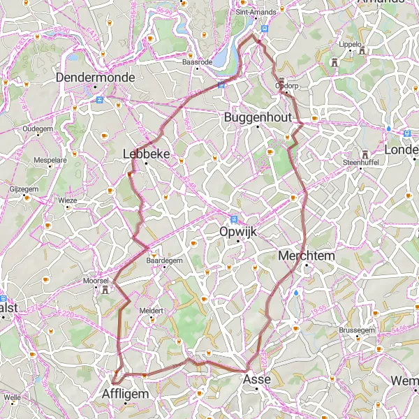 Miniature de la carte de l'inspiration cycliste "Les chemins de gravel autour de Hekelgem" dans la Prov. Vlaams-Brabant, Belgium. Générée par le planificateur d'itinéraire cycliste Tarmacs.app