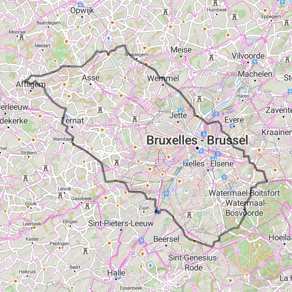 Map miniature of "Road Route from Hekelgem" cycling inspiration in Prov. Vlaams-Brabant, Belgium. Generated by Tarmacs.app cycling route planner