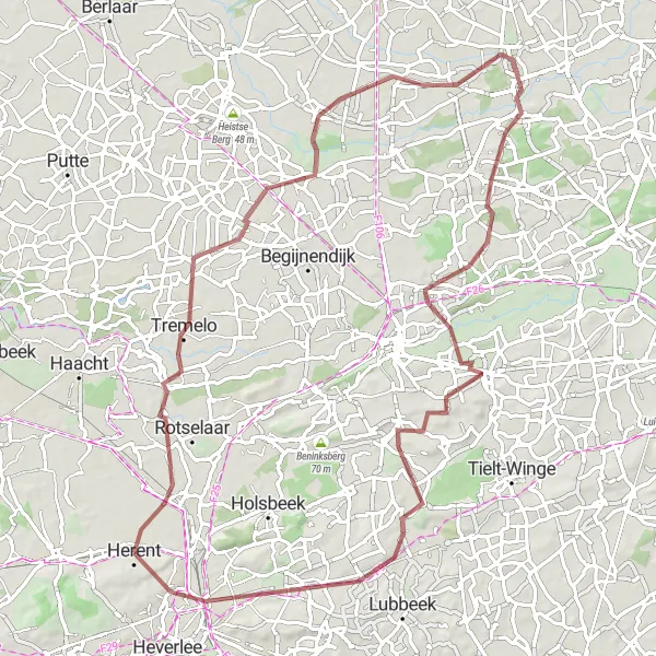 Miniatuurkaart van de fietsinspiratie "Gravelroute door het Hageland en Leuven" in Prov. Vlaams-Brabant, Belgium. Gemaakt door de Tarmacs.app fietsrouteplanner