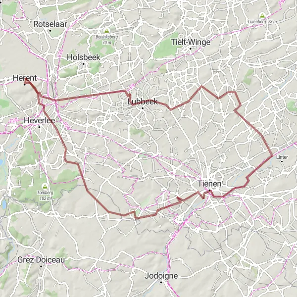 Miniatuurkaart van de fietsinspiratie "Graveltocht door Lubbeek en Tienen" in Prov. Vlaams-Brabant, Belgium. Gemaakt door de Tarmacs.app fietsrouteplanner