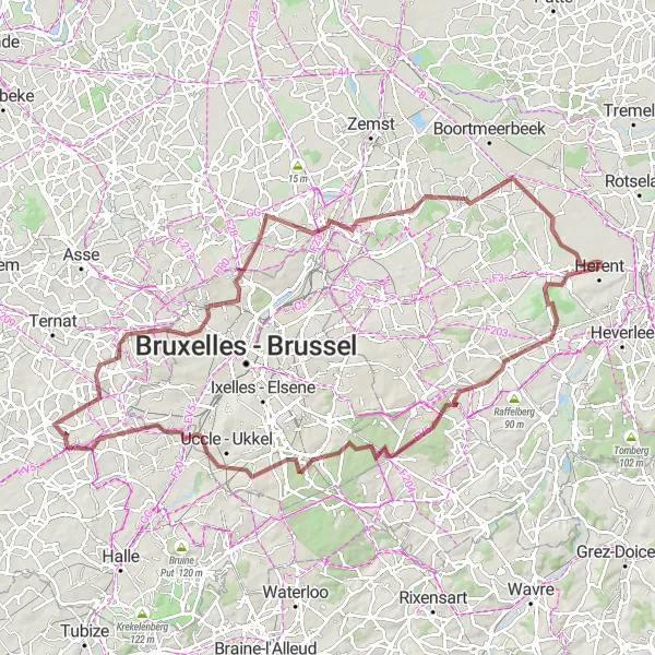 Map miniature of "The Gravel Adventure" cycling inspiration in Prov. Vlaams-Brabant, Belgium. Generated by Tarmacs.app cycling route planner