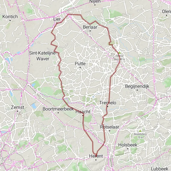 Map miniature of "The Gravel and Nature Tour" cycling inspiration in Prov. Vlaams-Brabant, Belgium. Generated by Tarmacs.app cycling route planner