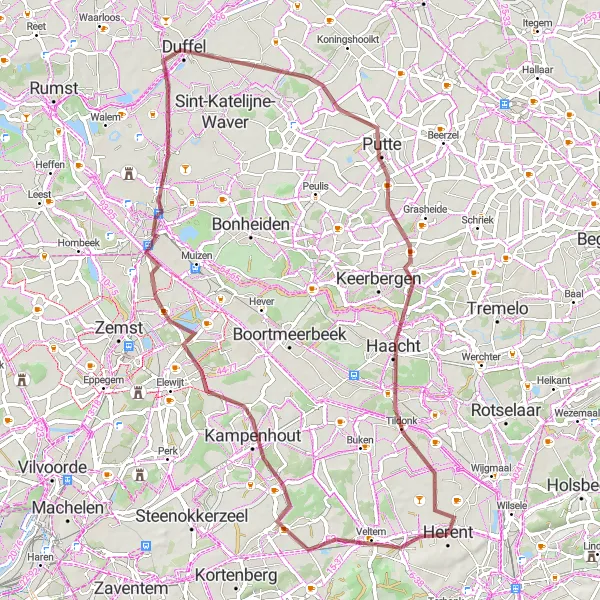 Map miniature of "The Gravel Adventure: Herent to Sussenhoek" cycling inspiration in Prov. Vlaams-Brabant, Belgium. Generated by Tarmacs.app cycling route planner