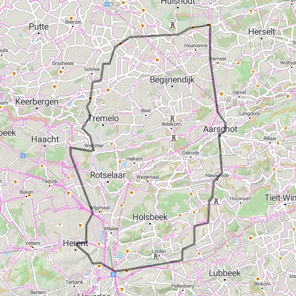 Miniatuurkaart van de fietsinspiratie "Fietsen rond Herent via Werchter en Aarschot" in Prov. Vlaams-Brabant, Belgium. Gemaakt door de Tarmacs.app fietsrouteplanner