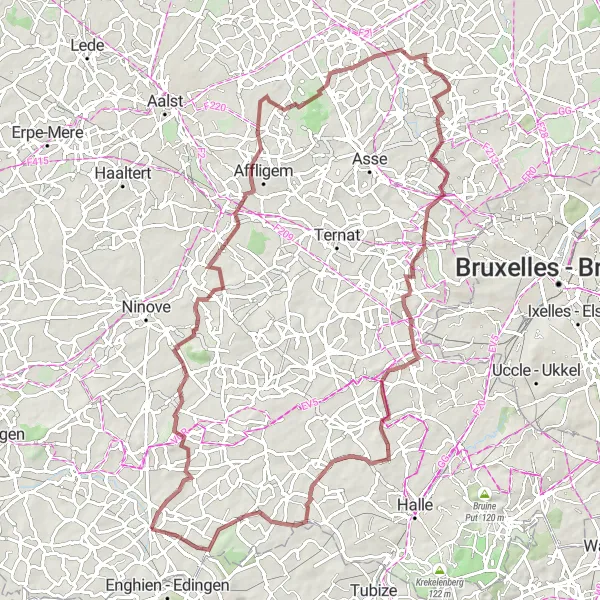 Miniatuurkaart van de fietsinspiratie "Gravelroute van Herne naar Vlezenbeek" in Prov. Vlaams-Brabant, Belgium. Gemaakt door de Tarmacs.app fietsrouteplanner