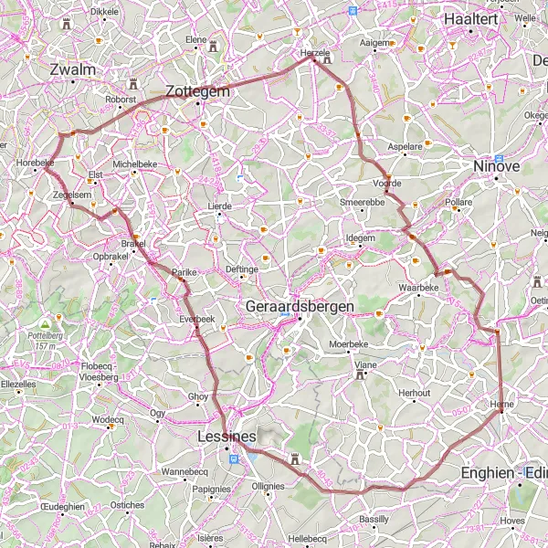 Miniature de la carte de l'inspiration cycliste "Circuit Gravel Sint-Pieters-Kapelle-Vollezele" dans la Prov. Vlaams-Brabant, Belgium. Générée par le planificateur d'itinéraire cycliste Tarmacs.app