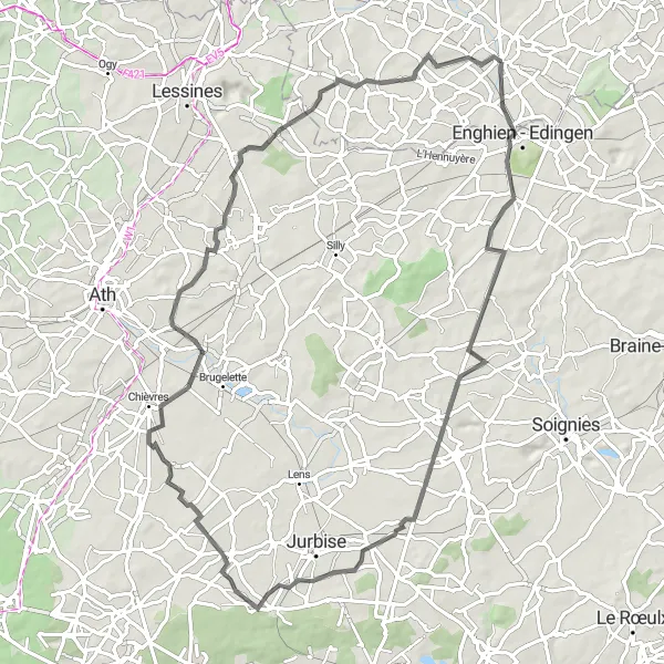 Miniatuurkaart van de fietsinspiratie "Heuvels van Hoves en Attre" in Prov. Vlaams-Brabant, Belgium. Gemaakt door de Tarmacs.app fietsrouteplanner