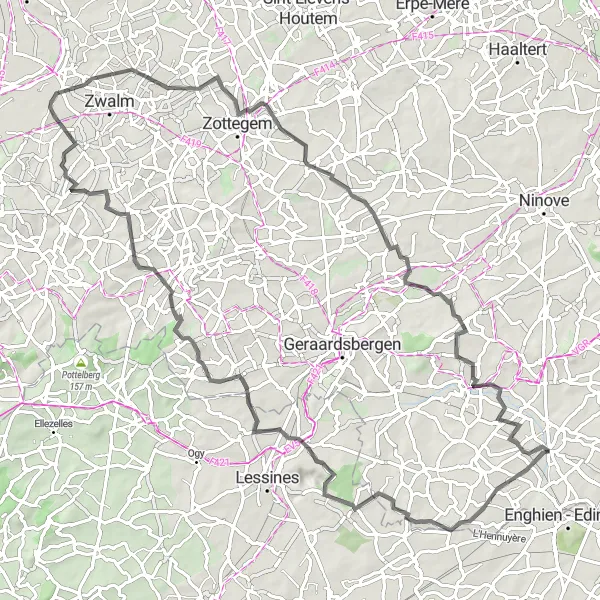 Map miniature of "The Challenging Road Tour through Zwalm and Idegem" cycling inspiration in Prov. Vlaams-Brabant, Belgium. Generated by Tarmacs.app cycling route planner