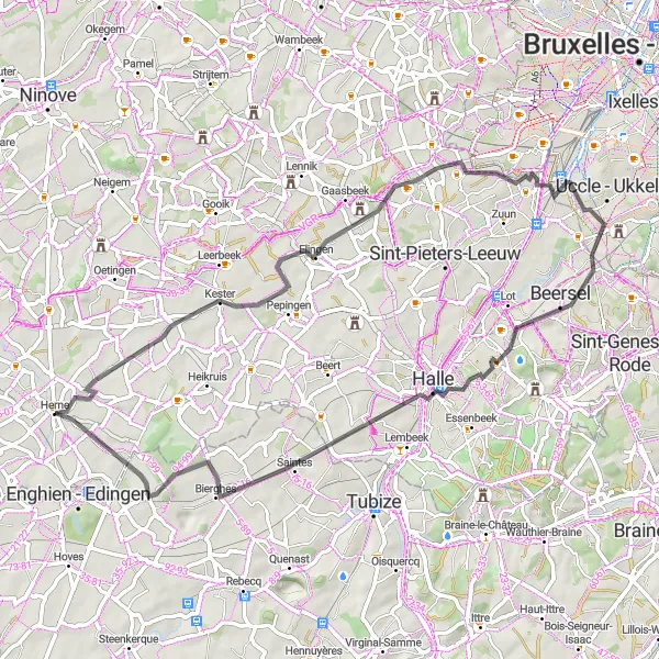 Miniature de la carte de l'inspiration cycliste "Parcours de Cyclisme à Vélo La Hulpe-Vlezenbeek" dans la Prov. Vlaams-Brabant, Belgium. Générée par le planificateur d'itinéraire cycliste Tarmacs.app