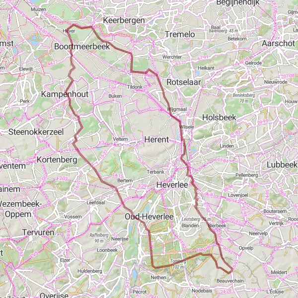 Karten-Miniaturansicht der Radinspiration "Gravel-Tour durch die Natur um Hever" in Prov. Vlaams-Brabant, Belgium. Erstellt vom Tarmacs.app-Routenplaner für Radtouren