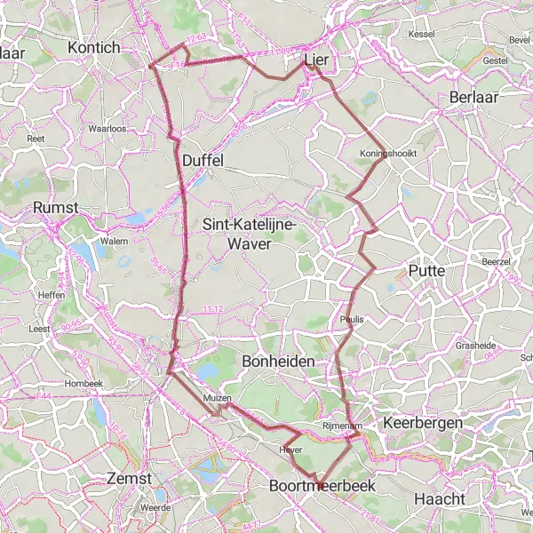 Miniature de la carte de l'inspiration cycliste "Découverte des environs de Hever en gravel" dans la Prov. Vlaams-Brabant, Belgium. Générée par le planificateur d'itinéraire cycliste Tarmacs.app