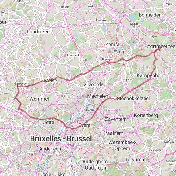 Miniatuurkaart van de fietsinspiratie "Hever - Kobbegem - Kampenhout" in Prov. Vlaams-Brabant, Belgium. Gemaakt door de Tarmacs.app fietsrouteplanner