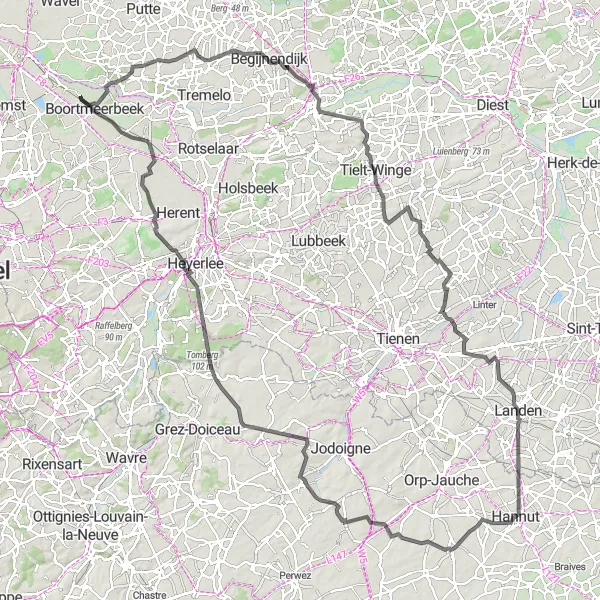 Map miniature of "Hever - Merdorp Cycling Route" cycling inspiration in Prov. Vlaams-Brabant, Belgium. Generated by Tarmacs.app cycling route planner