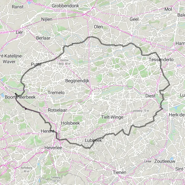 Map miniature of "Hever - Kessel-Lo Road Route" cycling inspiration in Prov. Vlaams-Brabant, Belgium. Generated by Tarmacs.app cycling route planner