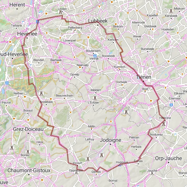 Miniatuurkaart van de fietsinspiratie "Gravelavontuur door Vlaams-Brabant" in Prov. Vlaams-Brabant, Belgium. Gemaakt door de Tarmacs.app fietsrouteplanner